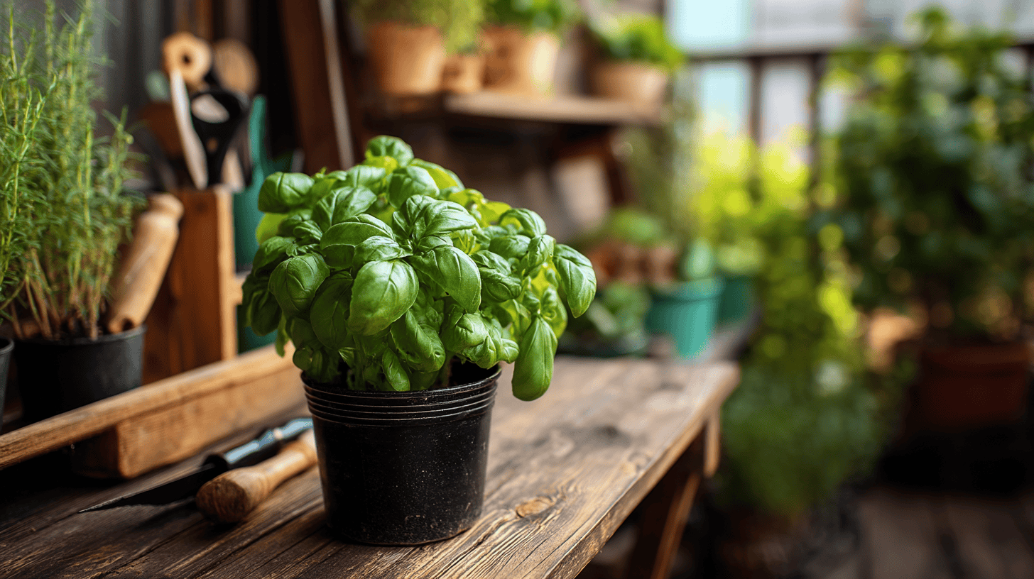 Hands tending to lush potted plants